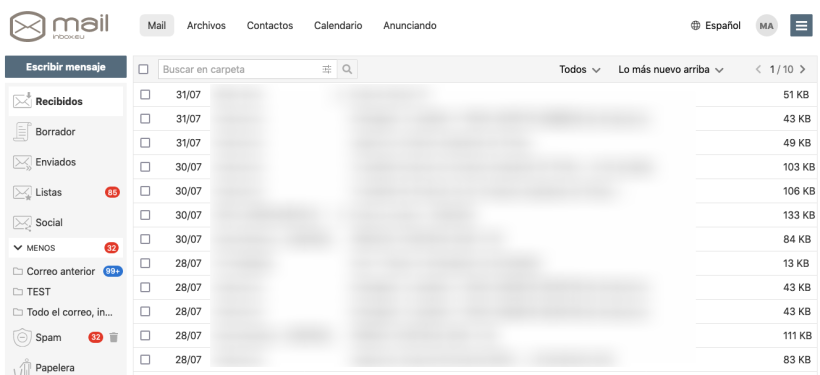 Captura de pantalla del webmail de Inbox.eu